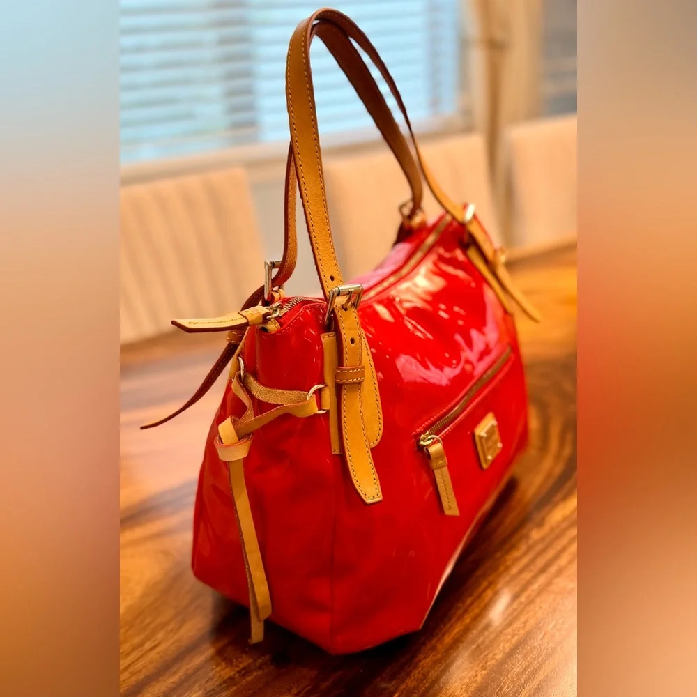 Dooney & Bourke Red Patent Leather Shoulder Hobo Tan Straps. Glossy Luxe Classic - Picture 5 of 17